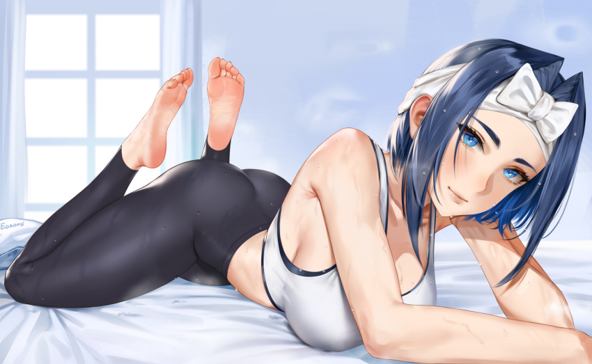 alternate_costume armpit_crease artist_name ass bare_arms bare_shoulders barefoot blue_eyes blue_hair blush breasts collarbone easonx english_commentary feet feet_up female hair_intakes hand_on_own_cheek hand_on_own_face head_rest highres hololive hololive_english large_breasts legs looking_at_viewer lying medium_hair on_bed on_stomach ouro_kronii smile soles solo sports_bra steaming_body sweat the_pose thighs toes towel towel_bow towel_on_head variant_set virtual_youtuber white_sports_bra