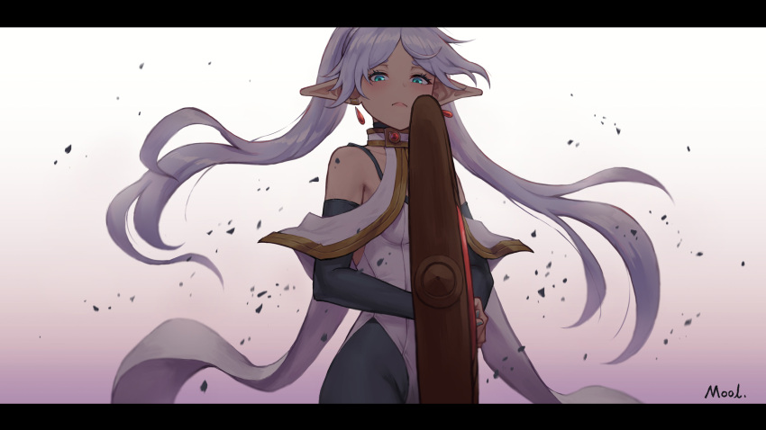 bare_shoulders blue_eyes blue_nails blush earrings elbow_gloves elf female frieren gloves highres holding holding_staff jewelry long_hair looking_at_viewer mool_yueguang pointy_ears solo sousou_no_frieren staff twintails white_hair