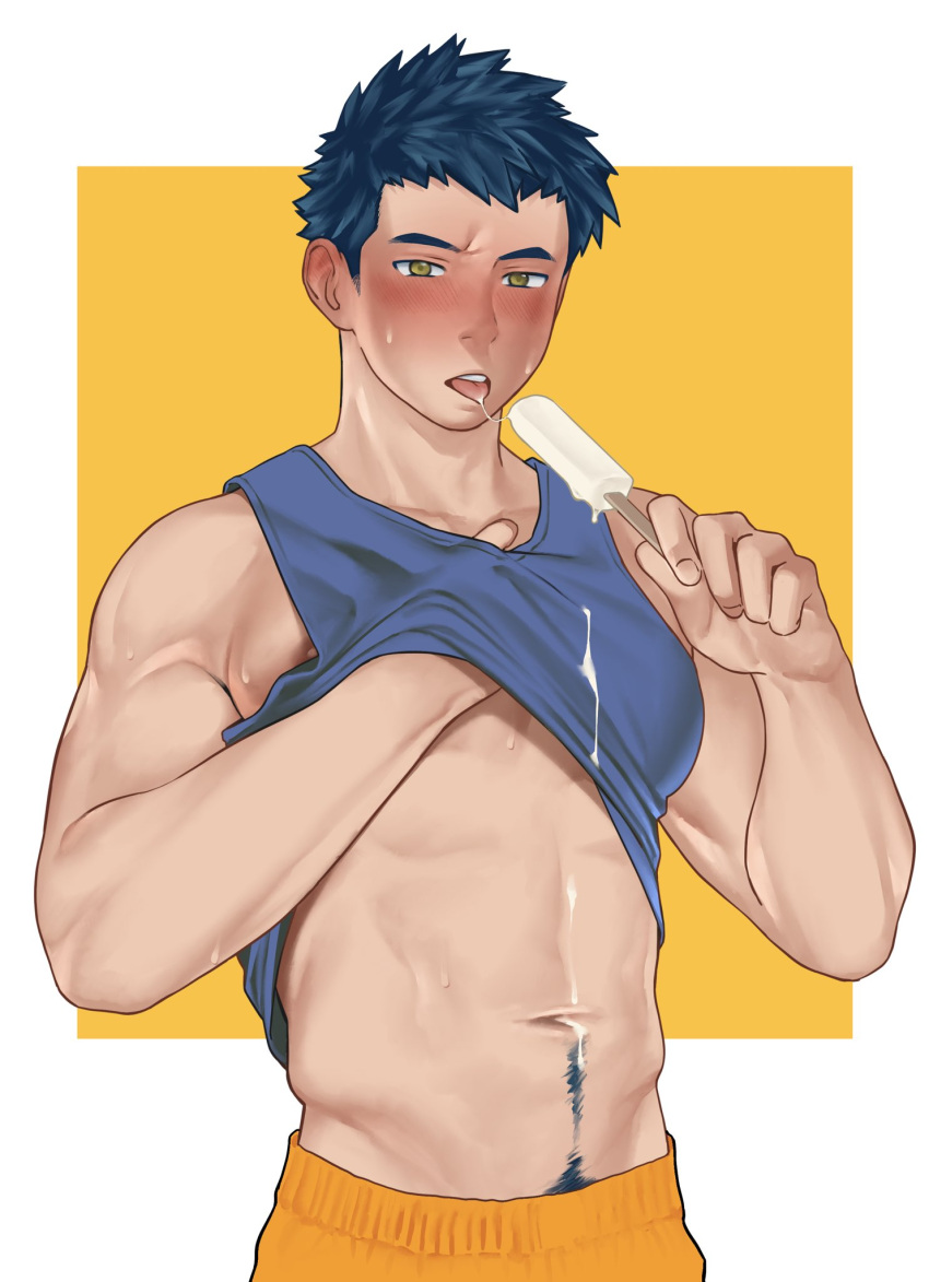 1boy abs as_(as21_00) bara blue_hair blue_tank_top blush clothes_lift cowboy_shot facial_hair food food_on_body food_on_pectorals food_trail hand_under_clothes highres holding holding_food holding_ice_cream hot ice_cream ice_cream_trail lifting_own_clothes looking_at_viewer male_focus melting navel nipple_slip nipples open_mouth original pectorals shirt_lift short_hair sideburns_stubble sidepec solo stomach stubble tank_top thick_eyebrows thick_navel_hair tongue tongue_out underpec