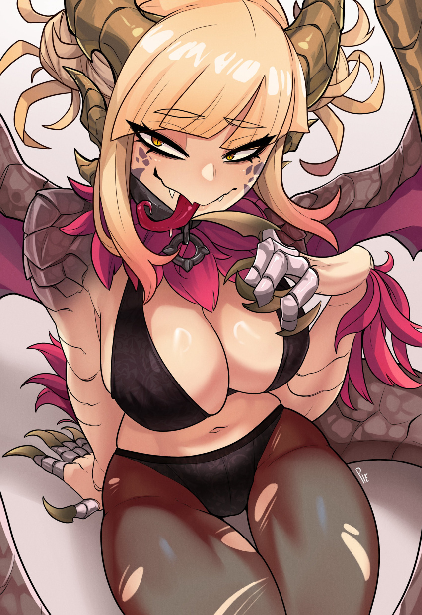 absurdres arm_support black_panties blonde_hair boku_no_hero_academia breasts brown_pantyhose claws closed_mouth dragon_girl dragon_horns dragon_tail dragon_wings fangs fangs_out female hand_up highres horns large_breasts long_hair long_tongue malzeno_(monster_hunter) monster_hunter_(series) monster_hunter_rise panties pantyhose scales shiny_skin simple_background sitting smile solo tail toga_himiko tongue tongue_out torn_clothes torn_pantyhose underwear unusualpie white_background wings yellow_eyes