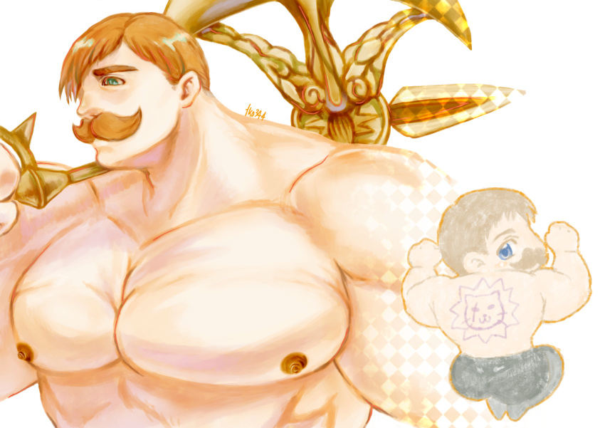 1boy abs axe back_tattoo bad_id bad_pixiv_id bara brown_hair chibi chibi_inset escanor facial_hair holding holding_axe huge_pectorals looking_ahead looking_back male_focus mature_male md5_mismatch moustache nanatsu_no_taizai nipples nude over_shoulder short_hair solo tattoo thick_mustache tko344g upper_body weapon weapon_over_shoulder