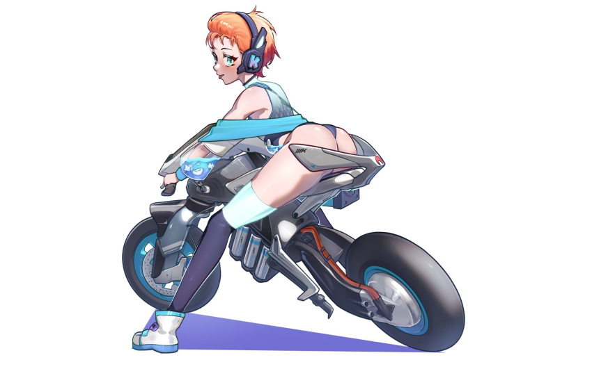 ankle_boots ass battery black_thighhighs boots commentary commission english_commentary female full_body headset highleg highleg_leotard highres indie_virtual_youtuber kabooks leotard motor_vehicle motorcycle on_motorcycle orange_hair patatatan plus_sign print_leotard science_fiction second-party_source see-through see-through_sleeves short_hair solo strap thighhighs thighhighs_under_thighhighs thong_leotard tongue tongue_out virtual_youtuber white_background white_footwear white_thighhighs wireless