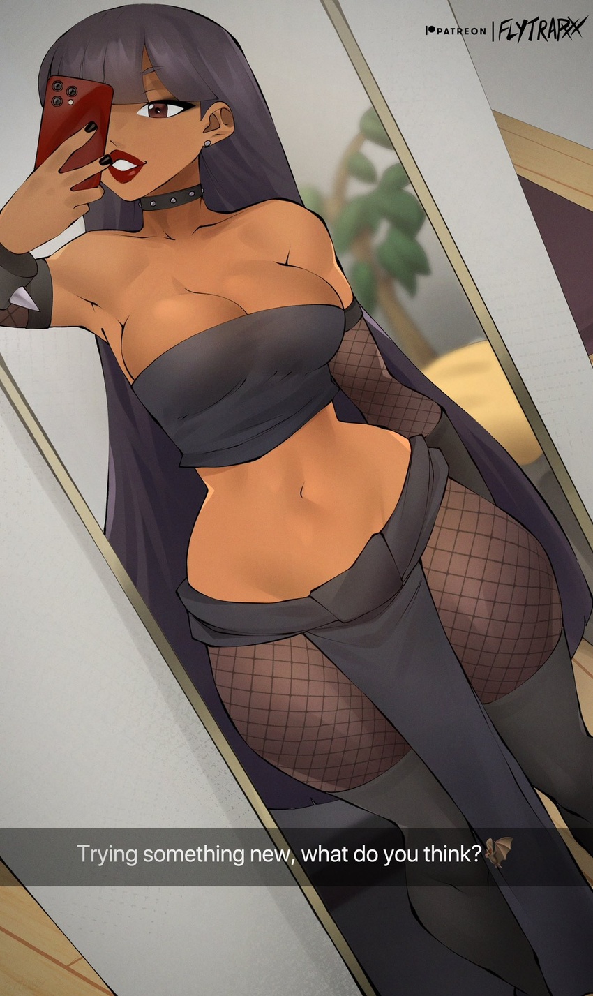 black_choker black_hair black_nails black_thighhighs breasts brown_eyes caption chel_(the_road_to_el_dorado) choker cleavage collar crop_top dark-skinned_female dark_skin earrings female fishnet_pantyhose fishnet_sleeves fishnets flytrapxx goth_fashion grin highres jewelry layered_legwear long_hair midriff mirror nail_polish navel pantyhose pelvic_curtain phone selfie smile solo spiked_collar spikes strapless the_road_to_el_dorado thighhighs thighhighs_over_pantyhose tube_top very_long_hair