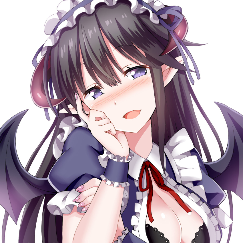 :d black_bra black_hair black_wings blue_dress blush bra breasts character_request chouhakai!!_barbarossa cleavage collared_dress dress female givuchoko hair_between_eyes hand_up head_tilt highres horns large_breasts long_hair looking_at_viewer neck_ribbon nose_blush pointy_ears puffy_short_sleeves puffy_sleeves purple_eyes red_ribbon ribbon short_sleeves simple_background smile solo underwear upper_body white_background wings wrist_cuffs