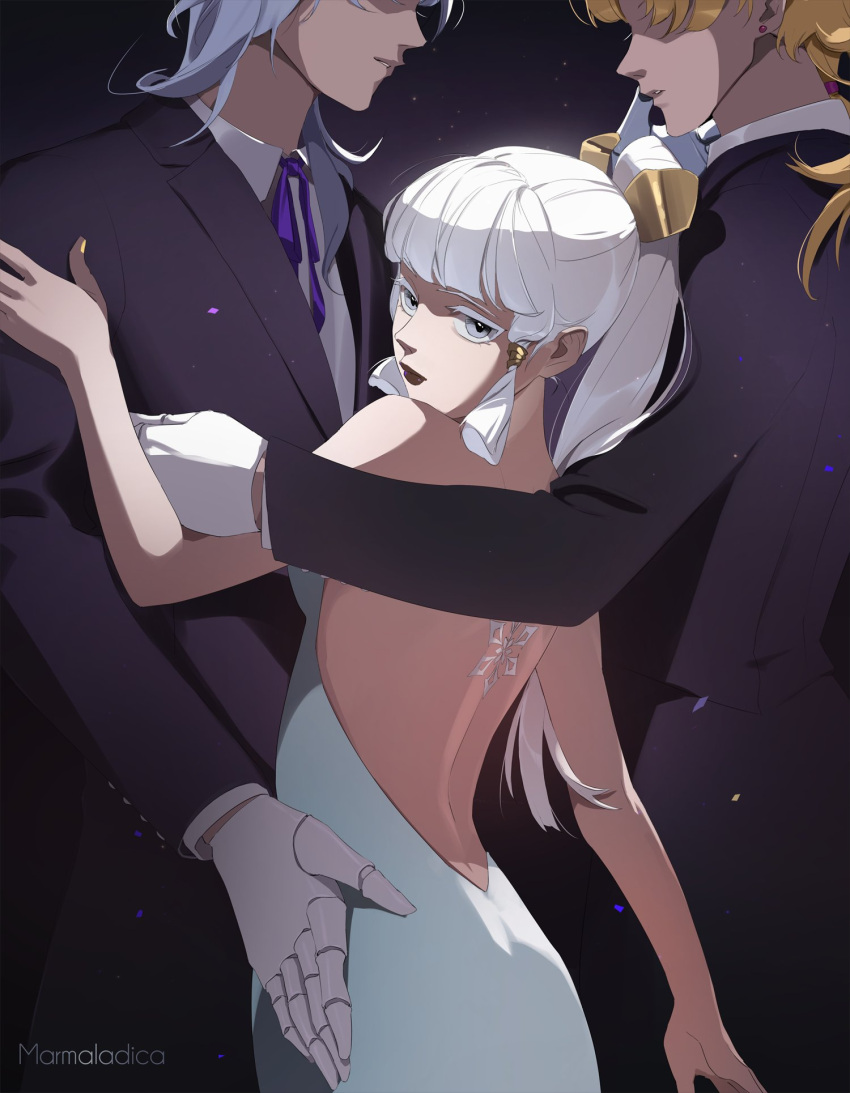 2boys artist_name backless_dress backless_outfit bare_shoulders black_lips blonde_hair brother_and_sister commentary dress earrings faceless faceless_male female gauntlets genshin_impact gloves grey_eyes height_difference high_ponytail highres jewelry kamisato_ayaka kamisato_ayato looking_at_viewer looking_back marmaladica multiple_boys siblings stud_earrings thoma_(genshin_impact) white_dress white_gloves white_hair