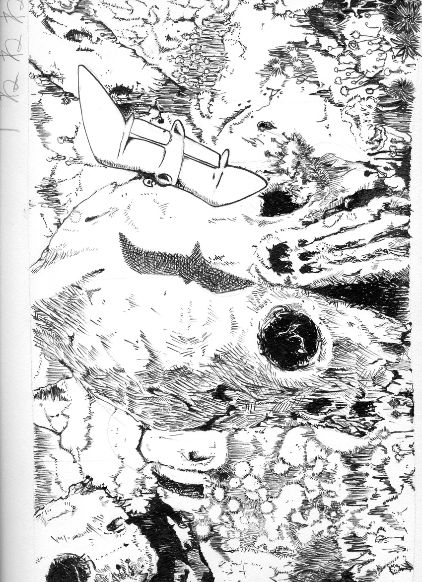 absurdres aircraft airplane bone commentary corpse giant graphite_(medium) greyscale highres ink_(medium) kaze_no_tani_no_nausicaa kyoshinhei monochrome moss mushroom no_humans shadow traditional_media two-wheels-0917