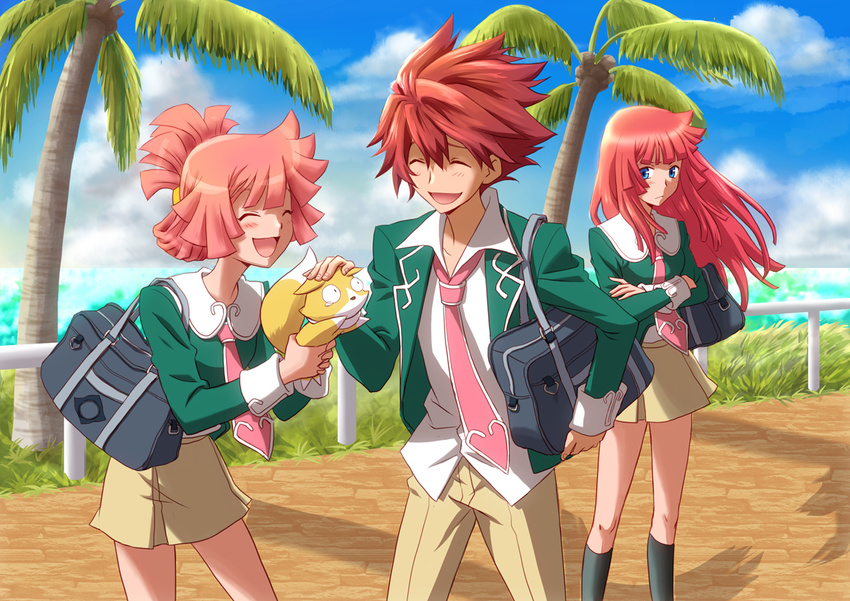 1boy 2girls blue_eyes commentary_request kiropin long_hair multiple_girls outdoors photoshop_(medium) pink_hair red_eyes school_uniform southern_cross_academy_school_uniform star_driver tsunashi_takuto you_marino you_mizuno