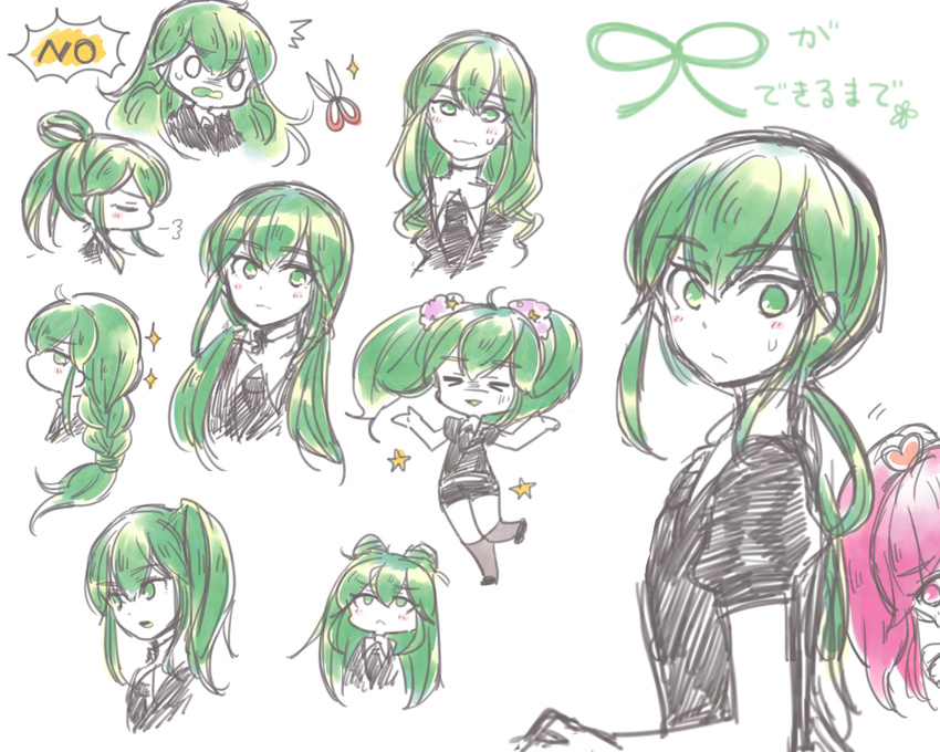 2others alternate_hairstyle androgynous black_necktie black_shorts braid commentary_request double_bun gem_uniform_(houseki_no_kuni) green_eyes green_hair hair_bun hair_rings highres houseki_no_kuni jade_(houseki_no_kuni) kneehighs long_hair low_twintails matayoshi_kirika multiple_others multiple_views necktie other_focus out_of_frame red_beryl_(houseki_no_kuni) shirt short_sleeves shorts side_ponytail socks sparkle twintails uniform white_shirt