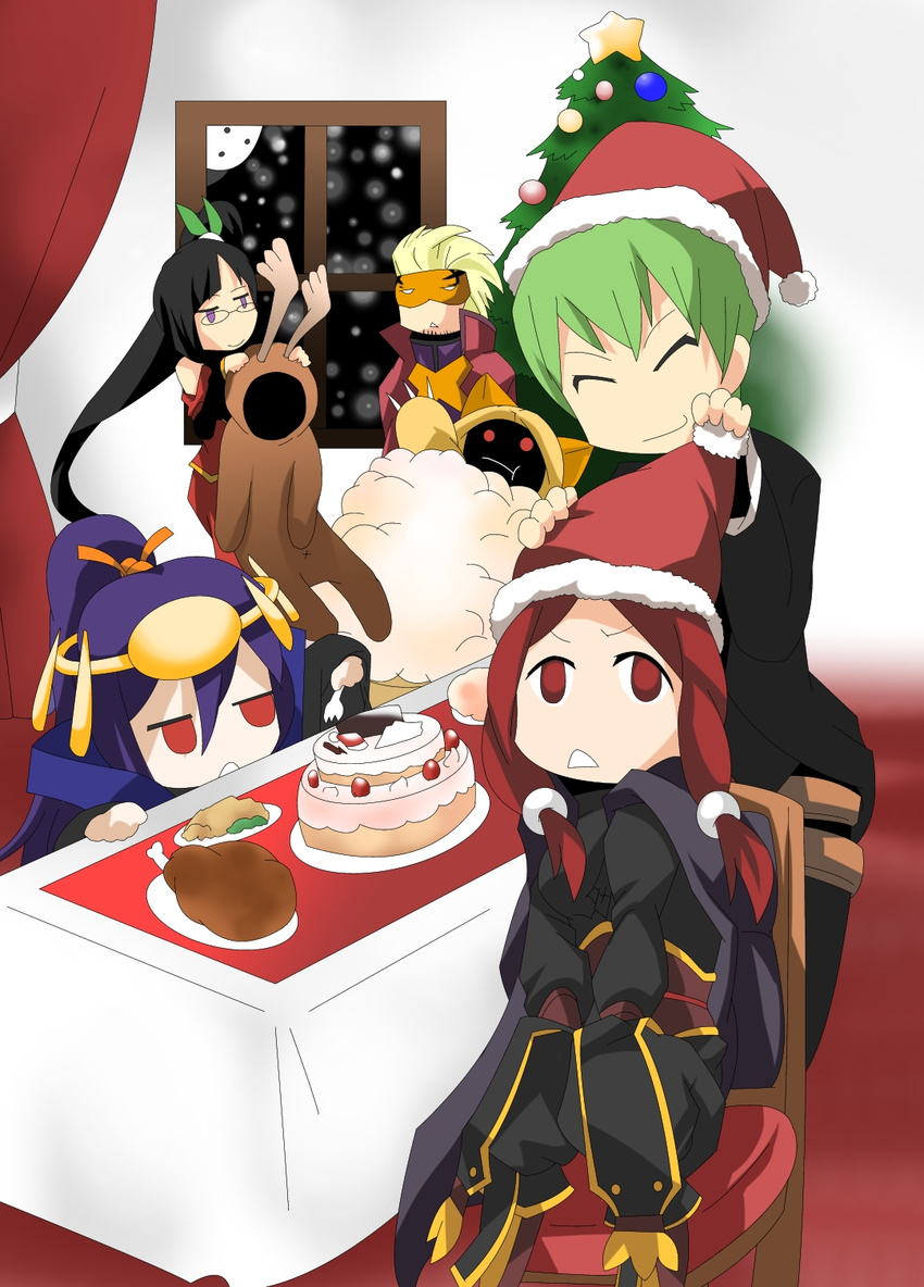 2boys 3boys 4girls animal_costume arakune arc_system_works bespectacled black_hair blazblue blazblue:_calamity_trigger blazblue:_continuum_shift blonde_hair cake christmas christmas_tree diabolic-mario food glasses green_hair hades_izanami hat hazama highres hood imperator_librarius litchi_faye_ling long_hair mask mikado_(blazblue) multiple_boys multiple_girls ponytail purple_eyes purple_hair red_eyes red_hair reindeer_costume relius_clover santa_hat saya_(blazblue) short_hair taokaka tree tsubaki_yayoi very_long_hair