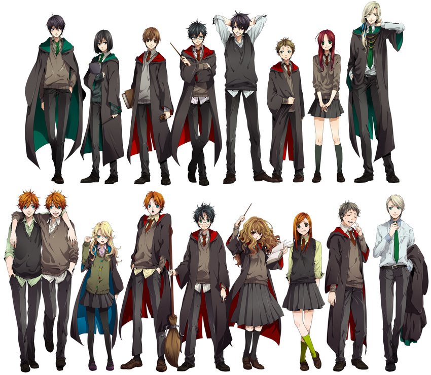 13boys 4girls 6+boys black_hair blonde_hair book broom brown_hair chocolate crossed_arms draco_malfoy everyone footwear fred_weasley george_weasley ginny_weasley glasses grin hand_in_pocket harry_james_potter harry_potter hermione_granger james_potter kneehighs lily_evans lineup long_hair lucius_malfoy luna_lovegood multiple_boys multiple_girls nakagawa_besu nakagawa_waka necktie neville_longbottom peter_pettigrew ponytail red_hair regulus_arcturus_black regulus_black remus_john_lupin remus_lupin ron_weasley school_uniform severus_snape siblings side_ponytail sirius_black skirt smile socks spiked_hair sweater_vest twins wand