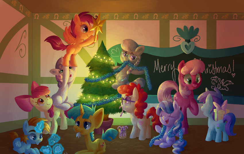 2012 accessory amber_eyes apple_bloom_(mlp) bow_(feature) bow_accessory bow_ribbon candy candy_cane chalkboard cheerilee_(mlp) christmas christmas_star christmas_tree christmas_tree_topper cutie_mark cutie_mark_crusaders_(mlp) dessert diamond_tiara_(mlp) earth_pony english_text equid equine eyewear feathered_wings feathers female feral food friendship_is_magic gift glasses glowing group hair hair_accessory hair_ribbon hairbow hasbro hi_res holidays horn horse information_board inside magic male mammal multicolored_hair my_little_pony mythological_creature mythological_equine mythology orange_body orange_feathers pegasus plant pony purple_eyes quadruped red_hair reuniclus_(artist) ribbons scootaloo_(mlp) silver_spoon_(mlp) snails_(mlp) snips_(mlp) sweetie_belle_(mlp) tail text tinsel tree twist_(mlp) two_tone_hair unicorn wings young young_feral