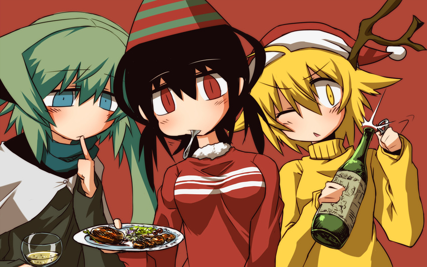 3girls black_hair blonde_hair blue_eyes blush bottle cape christmas eating food glass green_hair hat highres horns kibana_tsuitachi konohana_saku long_hair mel_(kibana_tsuitachi) multiple_girls open_mouth original red_eyes santa_hat scarf short_hair simple_background slit_pupils spoon stripe_(kibana_tsuitachi) sweater wink yellow_eyes