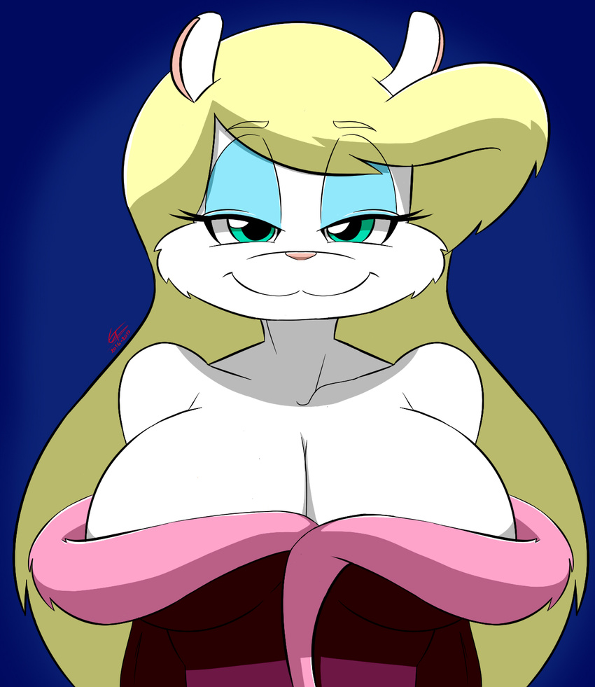 2017 :3 animaniacs anthro bathrobe bedroom_eyes big_breasts blonde_hair blue_background blue_eyes breast_focus breasts cleavage cleavage_overflow clothed clothing eyelashes female fur gblastman hair half-closed_eyes hi_res huge_breasts looking_at_viewer mammal minerva_mink mink mustelid musteline narrowed_eyes robe seductive simple_background solo true_musteline warner_brothers white_body white_fur