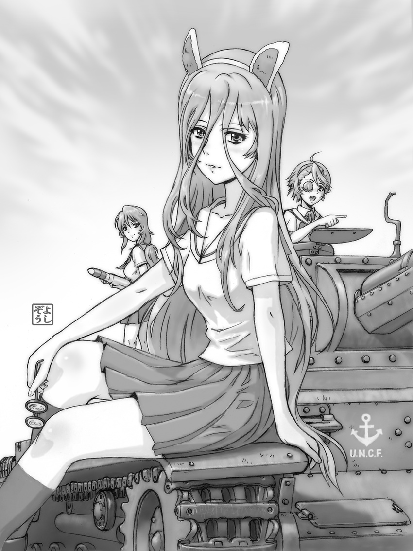 3girls ammunition animal_ears boots caterpillar_tracks character_request commentary_request crossover eyepatch fake_animal_ears girls_und_panzer greyscale highres kodai_sasha long_hair military military_vehicle momogaa_(girls_und_panzer) monochrome motor_vehicle multiple_girls nekonyaa_(girls_und_panzer) ooarai_school_uniform piyotan_(girls_und_panzer) rabbit_ears school_uniform short_hair sitting starsha tank type_3_chi-nu uchuu_senkan_yamato yoshikawa_kazunori