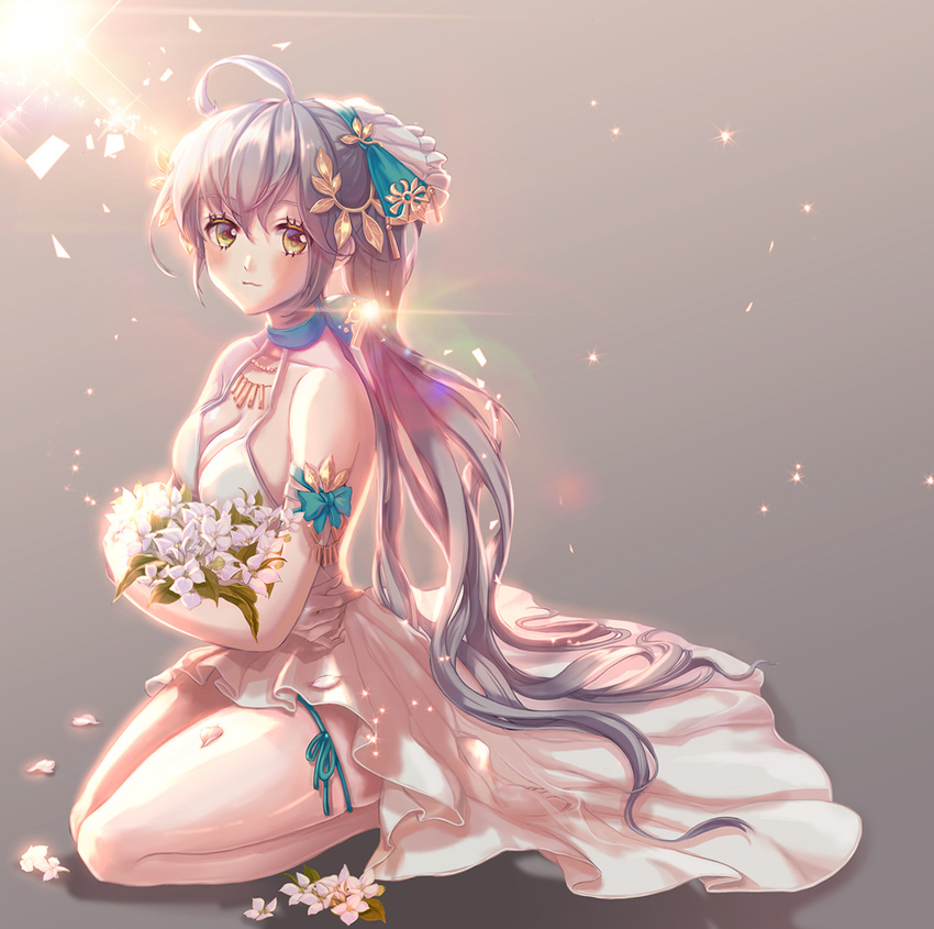 ahoge armband bouquet breasts cleavage commentary_request ezu_(leejiyu) female flower jewelry long_hair medium_breasts necklace original photoshop_(medium) ponytail silver_hair simple_background sitting smile solo thighs very_long_hair yellow_eyes