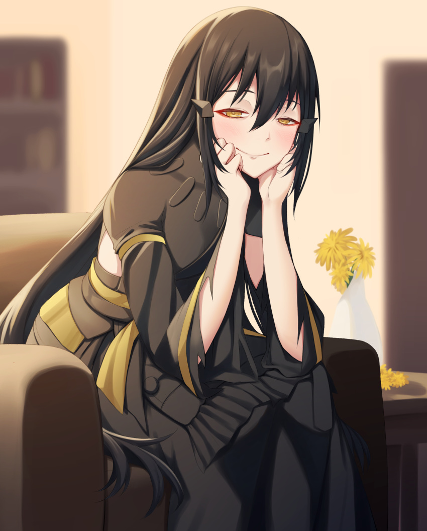 act_(xadachit) black_hair blush dandelion dandelion_(girls'_frontline) dress female flower girls'_frontline hands_on_own_face highres long_hair sidelocks sitting smile solo very_long_hair yellow_eyes