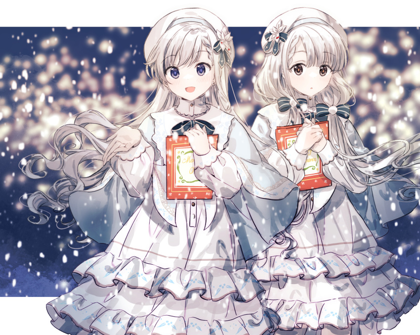 2girls :d bad_id bad_pixiv_id blue_eyes blush bow braid brown_eyes caroler chinese_commentary christmas commentary dress earrings frilled_dress frills hairbow highres hisakawa_hayate hisakawa_nagi idolmaster idolmaster_cinderella_girls jewelry legs long_dress long_hair looking_at_viewer migolu multiple_girls open_mouth pinafore_dress siblings single_braid sleeveless sleeveless_dress smile snowing standing twins twintails wavy_hair white_dress white_hair white_headwear