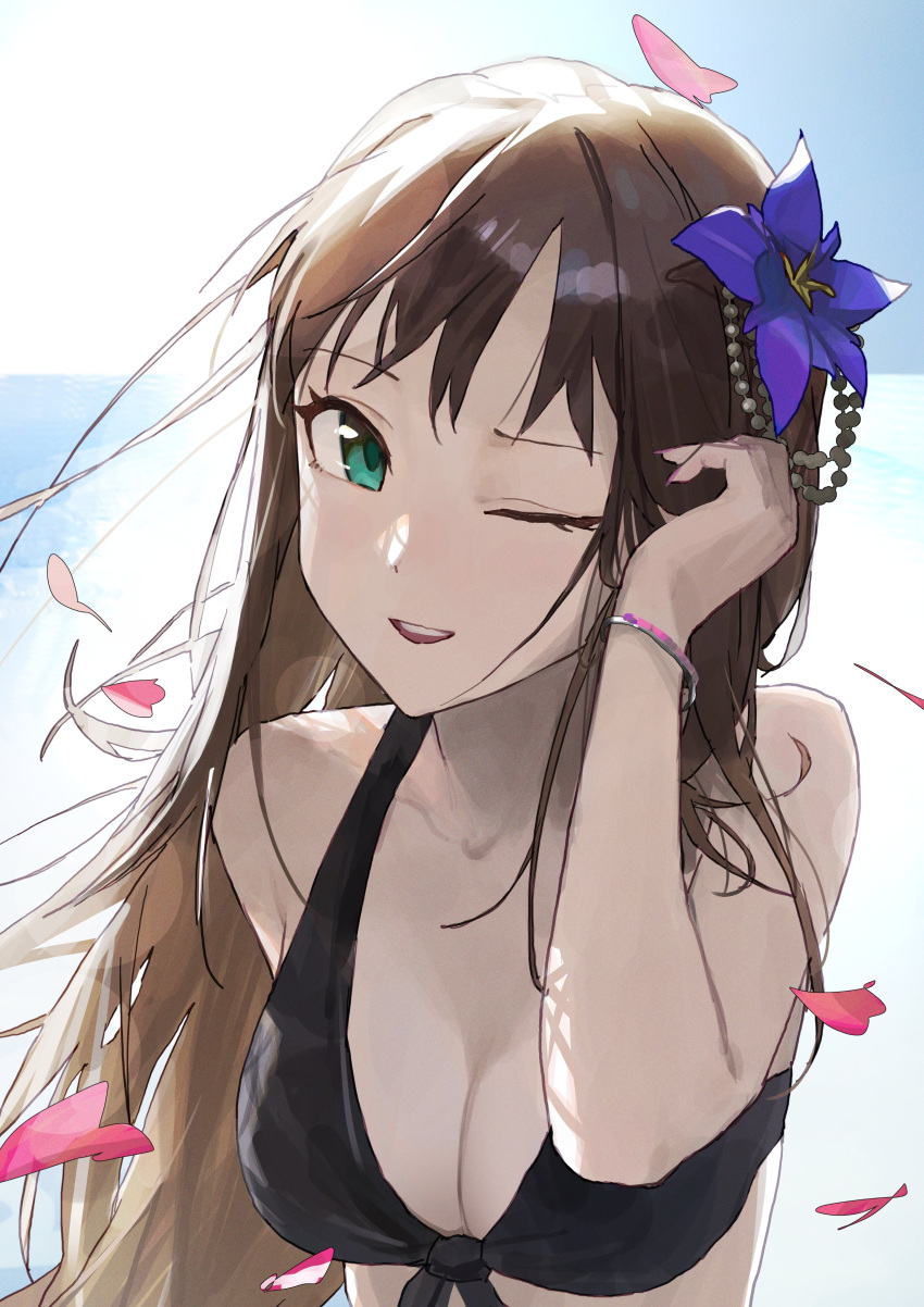 absurdres adjusting_hair bangle beads bikini black_bikini bracelet breasts brown_hair cleavage female flower front-tie_bikini_top front-tie_top gentiana_(flower) green_eyes hair_flower hair_ornament hand_in_own_hair highres idolmaster idolmaster_cinderella_girls jewelry logknn long_hair looking_at_viewer medium_breasts one_eye_closed parted_lips petals purple_flower shibuya_rin simple_background solo swimsuit upper_body very_long_hair