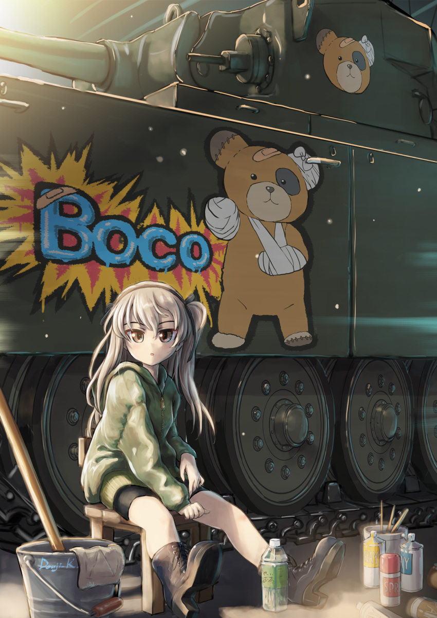 artist_name blush boko_(girls_und_panzer) boots bottle breasts brown_eyes bucket caterpillar_tracks centurion_(tank) commentary_request day female girls_und_panzer highres hood hoodie kuroneko_douji light_brown_hair long_hair military military_vehicle motor_vehicle one_side_up open_mouth shimada_arisu shorts spray_can sunlight tank