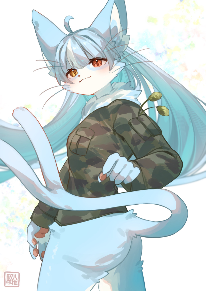 2023 5_fingers absurd_res ahoge anthro ass big_ears biped blue_body blue_ears blue_fur blue_hair blue_inner_ear blue_inner_ear_fluff blue_tail bottomless bottomless_anthro bottomless_female breasts brown_clothing brown_shirt brown_topwear camo camo_clothing camo_print camo_shirt camo_topwear cheek_tuft clothed clothing colored digital_media_(artwork) domestic_cat eyelashes facial_tuft felid feline felis female female_anthro fingerpads fingers forked_tail fur glistening glistening_eyes hair heterochromia hi_res highlights_(coloring) humanoid_hands inner_ear_fluff japan_air_self-defense_force kawarage_yatano kemono long_hair looking_at_viewer male_(lore) mammal monotone_tail multicolored_body multicolored_fur multicolored_hair neck_tuft omaneko_(jasdf) pattern_clothing pattern_shirt pattern_topwear pawpads pink_nose pink_pawpads portrait pupils red_eyes red_pupils shaded shirt side_view signature simple_background solo standing tail three-quarter_portrait topwear tuft two_tone_body two_tone_fur two_tone_hair unusual_anatomy unusual_tail whiskers white_background white_body white_fur white_hair white_highlights white_inner_ear_fluff yellow_eyes yellow_pupils