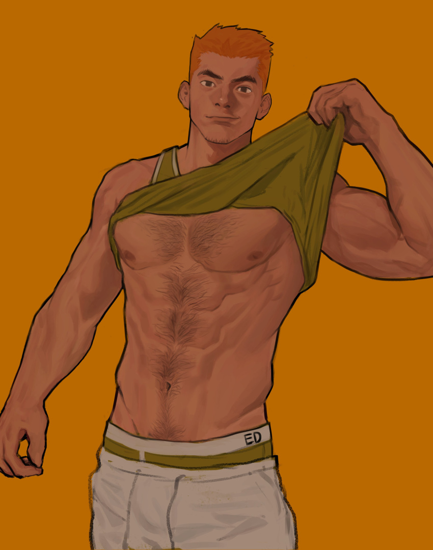 1boy abs absurdres bara bare_arms bare_pectorals biceps chest_hair clothes_lift cowboy_hat dark-skinned_male dark_skin edeued_(dpemrmfla) edging_underwear facial_hair green_male_underwear green_tank_top hairy hat highres lifting_own_clothes looking_at_viewer male_focus male_underwear male_underwear_peek mature_male muscular muscular_male navel navel_hair nipples orange_background orange_hair original pants pectorals shirt_lift short_hair sideburns smile solo stomach stubble tank_top thick_eyebrows track_pants underwear veins veiny_arms white_pants