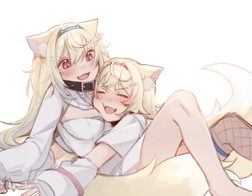 2girls :d absurdres animal_ear_fluff animal_ears belt_collar black_collar blue_hair blush breasts closed_eyes collar dog_ears dog_girl dog_tail dress fangs fuwawa_abyssgard fuwawa_abyssgard_(1st_costume) hand_on_another's_chest highres hololive hololive_english large_breasts long_hair medium_hair mittsu mococo_abyssgard mococo_abyssgard_(1st_costume) multicolored_hair multiple_girls oerba_yun_fang open_mouth pink_eyes pink_hair shirt siblings single_fishnet_legwear sisters skin_fang skin_fangs smile spiked_collar spikes streaked_hair tail twins virtual_youtuber white_background white_dress white_shirt