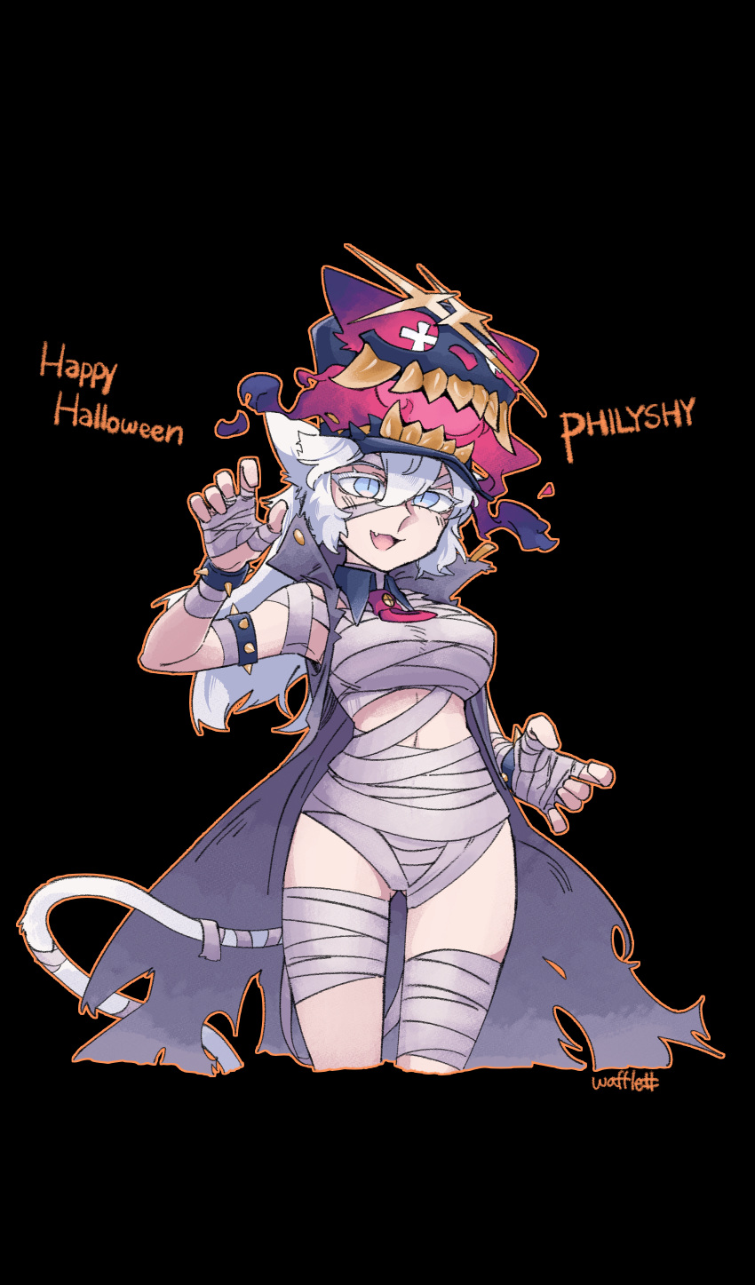 absurdres alchemy_stars animal_ears black_background blue_eyes breasts cat_ears cat_girl cat_tail character_name female halloween halloween_costume hat highres mummy_costume neonfloyd philyshy_(alchemy_stars) simple_background tail torn torn_clothes white_hair