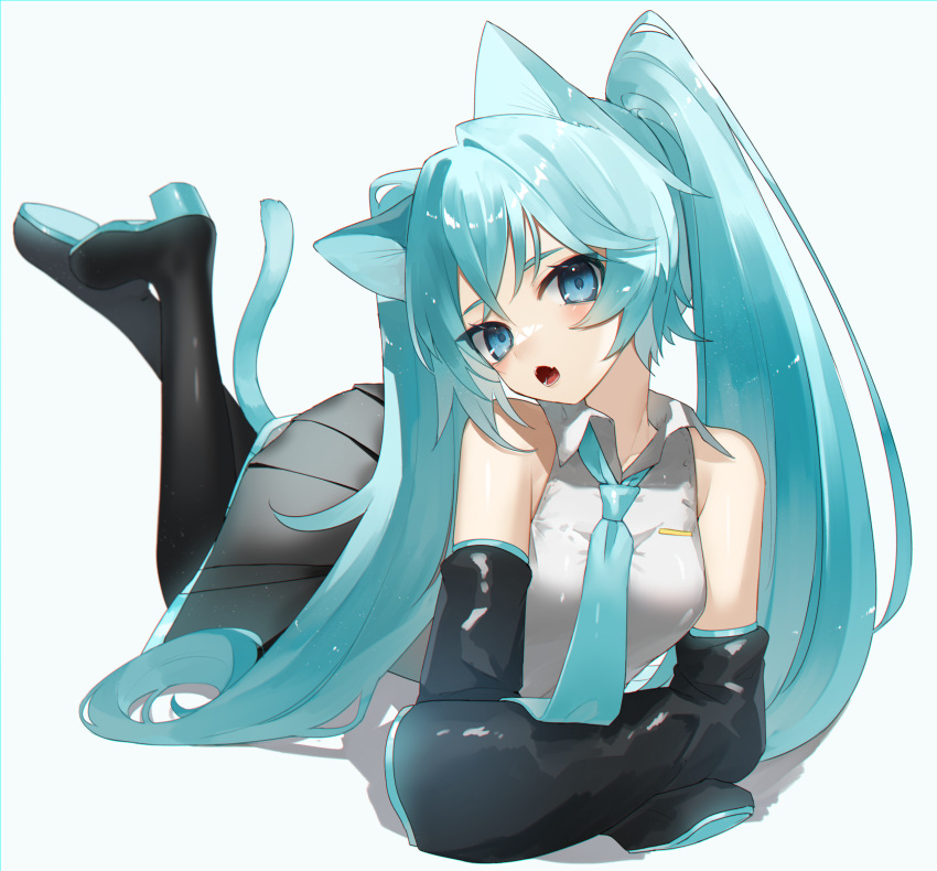 animal_ears bare_shoulders black_thighhighs blue_eyes blue_hair blue_necktie boots breasts cat_ears cat_girl cat_tail collared_shirt commentary detached_sleeves female full_body hair_ornament hatsune_miku highres kemonomimi_mode long_hair looking_at_viewer necktie open_mouth reirou_(chokoonnpu) shirt simple_background skirt sleeveless solo symbol-only_commentary tail thigh_boots thighhighs twintails very_long_hair vocaloid white_background