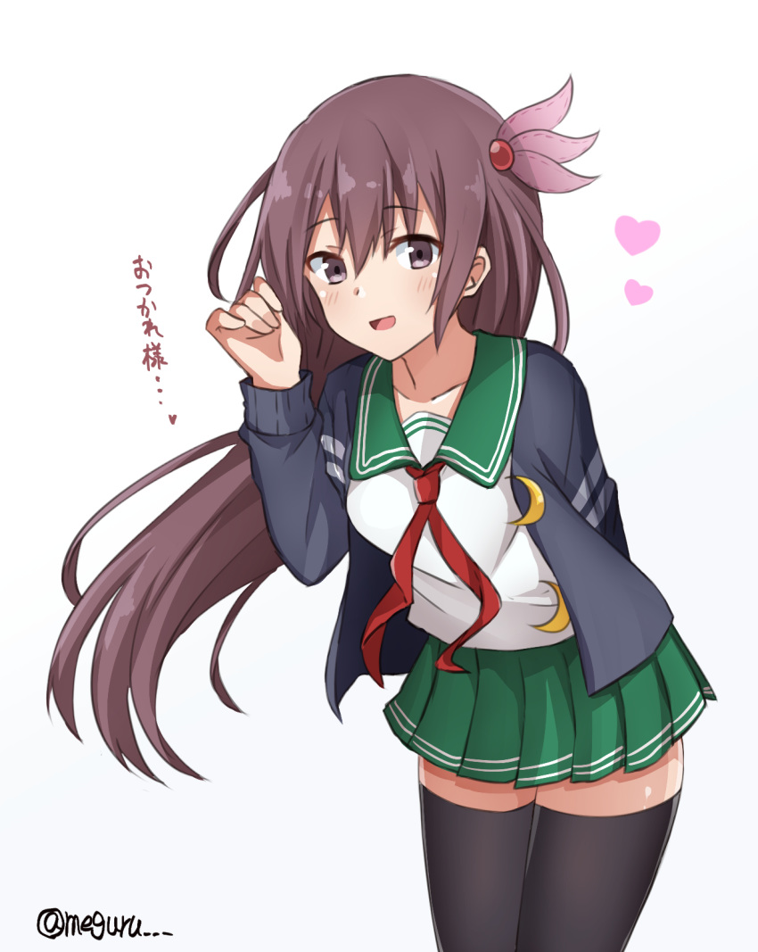 black_jacket black_thighhighs brown_eyes brown_hair commentary_request cowboy_shot crescent crescent_pin female green_sailor_collar green_skirt hair_ornament highres jacket kantai_collection kisaragi_(kancolle) kisaragi_kai_ni_(kancolle) long_hair meguru_(megurunn) neckerchief pleated_skirt red_neckerchief sailor_collar school_uniform serafuku skirt solo thighhighs translated twitter_username