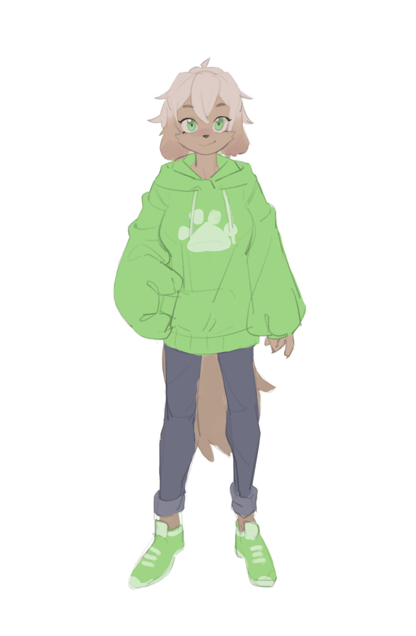 absurd_res anthro blonde_hair bottomwear canid canine canis clothed clothing digital_media_(artwork) domestic_dog female floppy_ears full-length_portrait fully_clothed green_eyes hair hand_in_pocket hi_res hoodie kemari kemono light_hair lime_(kemari) mammal oversized_clothing oversized_hoodie oversized_topwear pants pawprint_clothing pockets portrait running_shoes smile solo sweater topwear