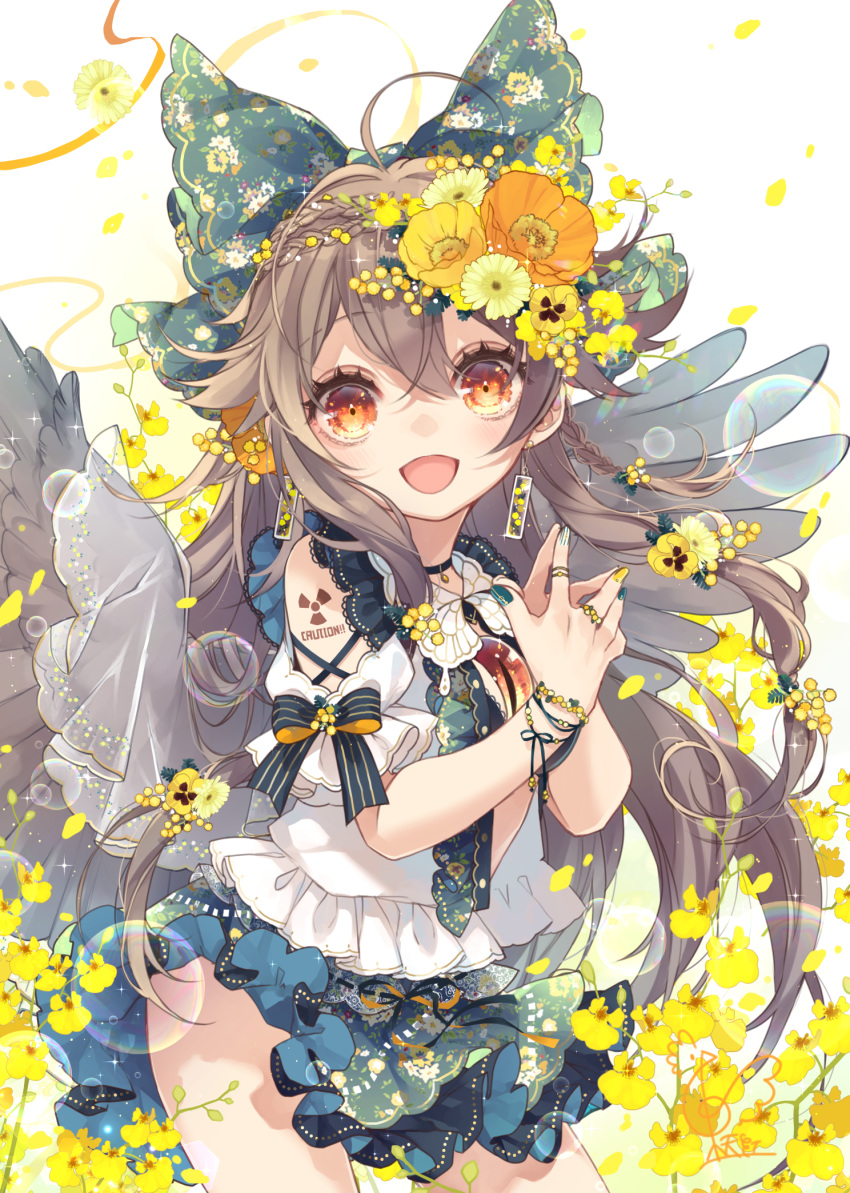 :d adapted_costume alternate_hairstyle bow bracelet braid brown_hair bubble cape choker clothing_cutout commentary_request cowboy_shot earrings feathered_wings female fingers_together floral_background floral_print flower gerbera green_bow green_nails green_skirt hair_flower hair_ornament hairbow highres jewelry long_hair looking_at_viewer mimosa_(flower) miniskirt multicolored_nails nail_art nail_polish oncidium open_mouth orange_flower orchid pansy petals poppy_(flower) puffy_short_sleeves puffy_sleeves radiation_symbol red_eyes reiuji_utsuho ring shirt short_sleeves shoulder_cutout shoulder_tattoo signature skirt smile solo sparkle standing tattoo third_eye touhou toutenkou white_background white_cape white_shirt wings yellow_flower yellow_nails yellow_pansy