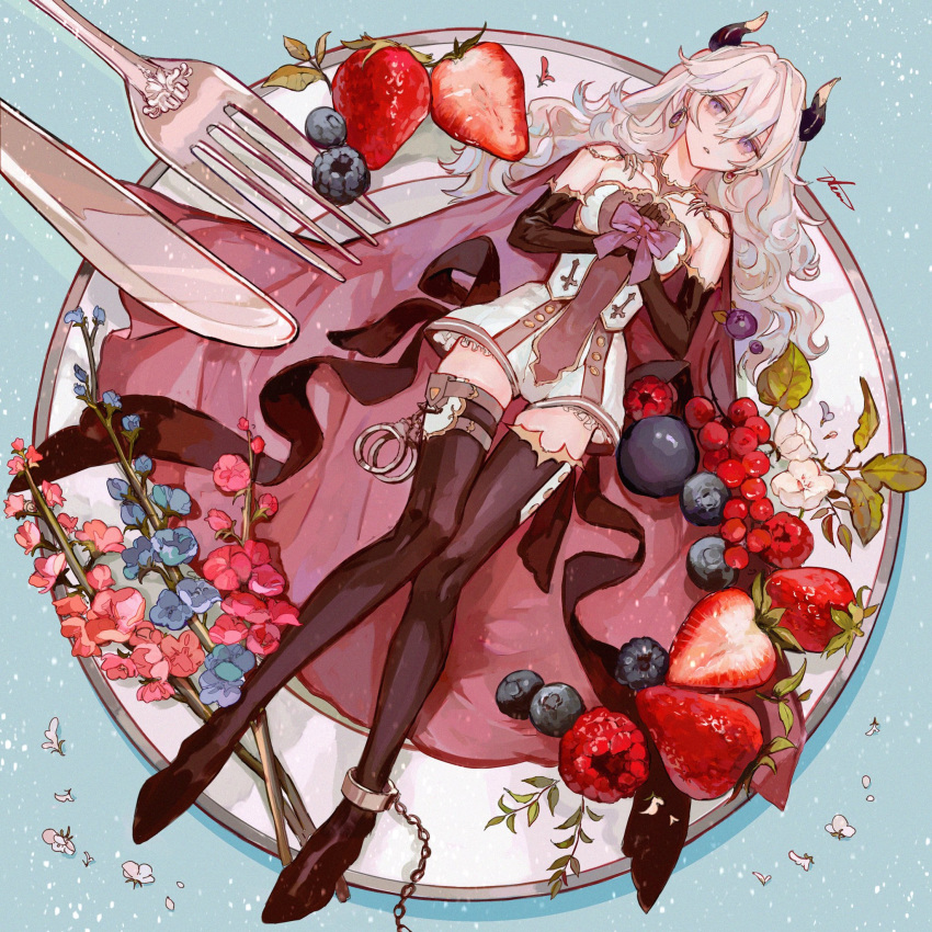 blueberry bound bound_wrists branch brown_gloves cape commentary_request cuffs denn_(naluse_flow) earrings female flower food fork fruit gloves hair_between_eyes handcuffs highres horns jewelry knife long_hair lying on_back original plate purple_eyes raspberry ribbon sleeveless solo strawberry thighhighs white_flower white_hair