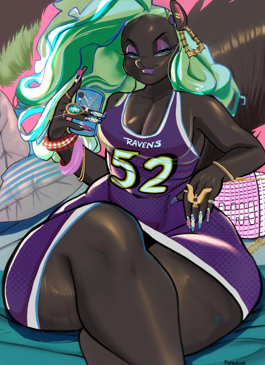 anthro basketball_jersey black_body black_fur breasts cellphone cellulite cleavage clothed clothing colored_nails crossed_legs curvy_figure electronics eyeshadow female fur ghetto green_hair hair hi_res huge_hips huge_thighs lips makeup mammal medium_breasts nails pear-shaped_figure phone pyredaemos rodent sciurid solo squigga thick_bottom_lip thick_calves thick_thighs tree_squirrel wavy_hair wide_hips