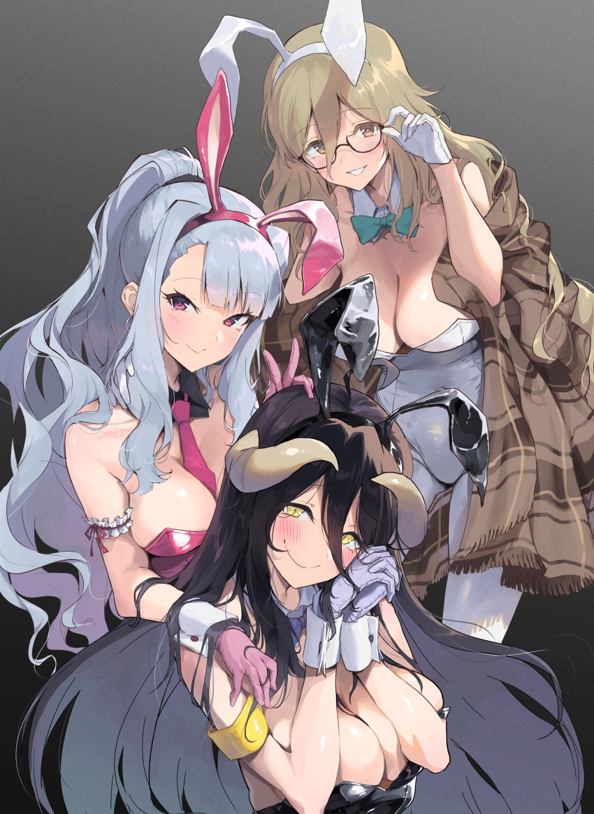 3girls absurdres akane_(blue_archive) akane_(bunny)_(blue_archive) albedo_(overlord) alternate_costume animal_ears black_leotard blue_archive blush breasts cleavage crossover demon_horns detached_collar fake_animal_ears glasses gloves gradient_background grey_gloves hara_yumi highres horns idolmaster idolmaster_(classic) idolmaster_million_live! large_breasts leotard looking_at_viewer midnamana multiple_girls official_alternate_costume overlord_(maruyama) own_hands_together palms_together pink_gloves playboy_bunny rabbit_ears red_leotard shijou_takane simple_background smile strapless strapless_leotard voice_actor_connection white_gloves white_leotard wrist_cuffs