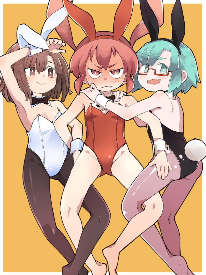 3girls :> :d animal_ears arm_up armpits ass ass_visible_through_thighs back black_hairband black_leotard black_pantyhose blue_eyes blue_hair blush border breasts brown_eyes brown_hair brown_pantyhose dot_nose fake_animal_ears flat_chest furrowed_brow glasses hairband hand_on_another's_ass highres kitanaga legs_apart leotard long_hair looking_at_another looking_at_viewer looking_to_the_side medium_breasts multiple_girls no_nose oerba_yun_fang open_mouth orange_eyes orange_hair outside_border pantyhose parted_bangs playboy_bunny rabbit_tail red-framed_eyewear red_hairband red_leotard see-through see-through_legwear semi-rimless_eyewear shiny_clothes shoulder_blades skin_fang smile tail tsurime twintails ueno-san_wa_bukiyou ueno_(ueno-san_wa_bukiyou) under-rim_eyewear unogawa very_long_hair white_border white_hairband white_leotard wrist_cuffs yellow_background yucopi