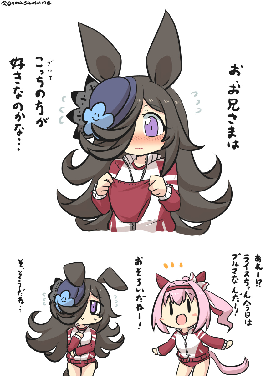 2girls :> :d absurdres animal_ears black_hair blue_flower blue_headwear blush buruma closed_mouth commentary_request flower flying_sweatdrops goma_(gomasamune) hair_between_eyes hair_over_one_eye haru_urara_(umamusume) hat hat_flower highres holding holding_buruma horse_ears horse_girl horse_tail jacket leaning_forward multiple_girls nose_blush notice_lines pink_hair ponytail purple_eyes red_buruma red_jacket rice_shower_(umamusume) simple_background smile tail tilted_headwear tracen_training_uniform track_jacket translation_request umamusume unworn_buruma wavy_mouth white_background |_|