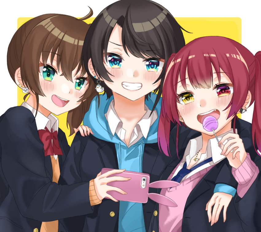 3girls ahoge alternate_costume arm_around_shoulder asymmetrical_bangs bad_id bad_pixiv_id black_hair black_jacket blue_bow blue_eyes blue_neckwear blue_sweater blush blush_stickers bow bowtie brown_hair candy cellphone collared_shirt commentary_request ear_piercing earrings food green_eyes grin group_picture hand_on_another's_shoulder heart heart_earrings heterochromia highres hololive hood hoodie houshou_marine jacket jewelry lollipop long_sleeves looking_at_viewer medium_hair moonbell multiple_girls natsuiro_matsuri necktie oozora_subaru open_mouth orange_vest parted_bangs phone piercing pink_vest red_bow red_bowtie red_eyes red_hair ribbed_sleeves school_uniform selfie shirt short_hair simple_background smartphone smile sweater teeth twintails upper_body vest virtual_youtuber white_shirt yellow_background yellow_eyes