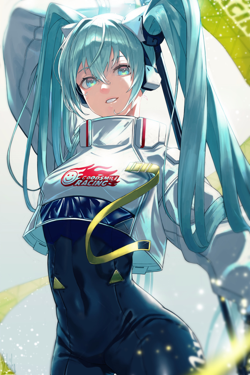 absurdres aqua_eyes aqua_hair arm_up belt black_bodysuit blurry bodysuit clothes_writing commentary covered_navel cowboy_shot crop_top crop_top_overhang depth_of_field female flag goodsmile_racing hair_between_eyes hair_flowing_over hair_ornament hatsune_miku headphones high_ponytail highres light_particles logo long_hair long_sleeves looking_at_viewer racing_miku racing_miku_(2022) see-through skin_tight smile solo tokishima_sikuka turtleneck twintails very_long_hair vocaloid