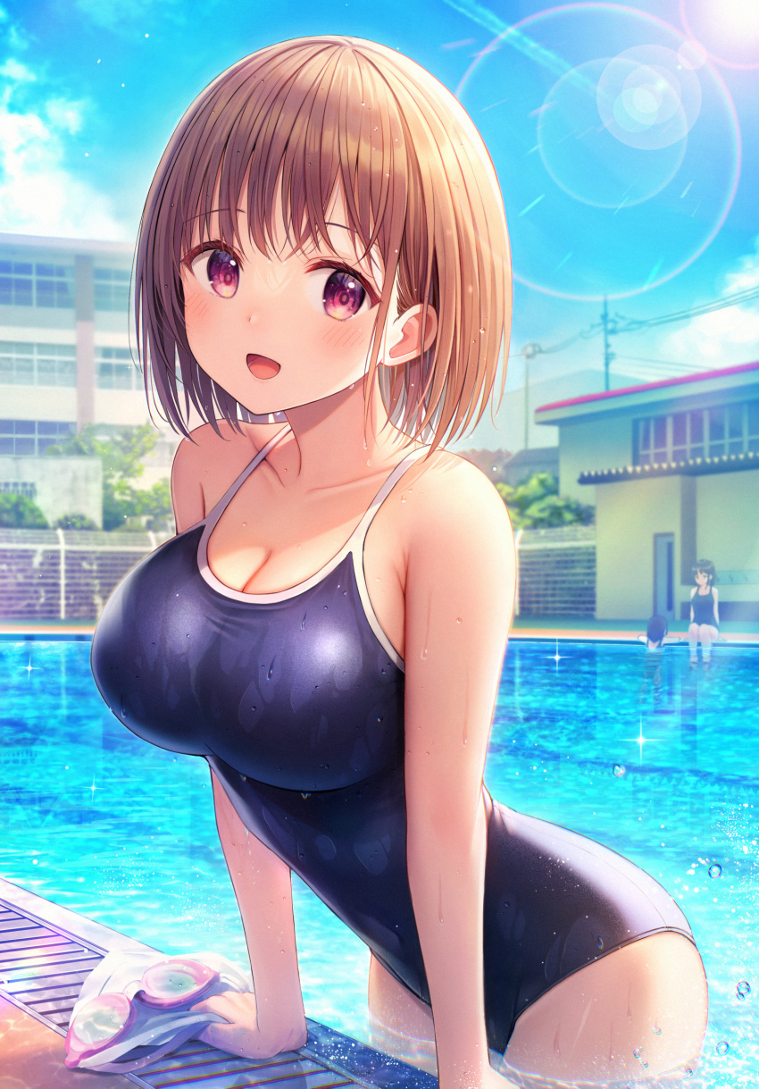 3girls :d bare_arms bare_shoulders black_hair blue_one-piece_swimsuit blue_sky blush breasts brown_hair building cleavage cloud commentary_request competition_school_swimsuit day goggles hat highres large_breasts looking_at_viewer multiple_girls one-piece_swimsuit original outdoors pool poolside red_eyes school_swimsuit sky smile solo_focus swim_cap swimsuit u_rin unworn_goggles unworn_hat unworn_headwear water white_headwear window