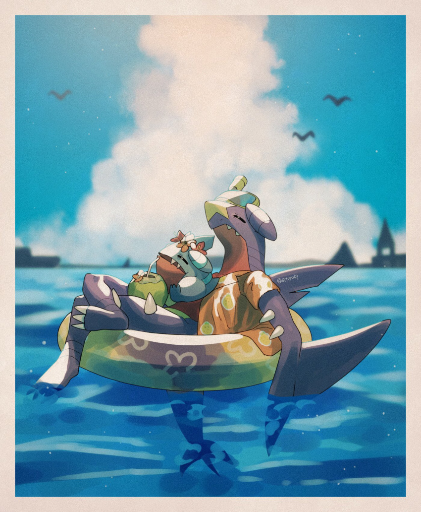 ambiguous_gender beach_style_garchomp beverage border claws clothed clothing cloud crossed_legs duo feet feral fin floatie floating floral flower flower_crown flower_garland food food_clothing food_print fruit fruit_clothing fruit_print fully_submerged_tail garchomp garland generation_4_pokemon gible glee happy hi_res holowear_(pokemon) inflatable inflatable_ride inflatable_support inner_tube male_(lore) nintendo on_pool_toy on_swim_ring open_clothing open_shirt open_topwear outside partially_submerged pattern_clothing pattern_shirt pattern_t-shirt pattern_topwear peaceful pineapple pineapple_pattern pineapple_print plant plant_print pokemon pokemon_(species) pokemon_unite pool_toy print_clothing print_shirt print_t-shirt print_topwear seascape shirt signature sky snorkel spiked_tail spikes spikes_(anatomy) submerged_tail summer sunken_seat swim_ring t-shirt tail toes topwear water white_border yukifuri_tsuyu