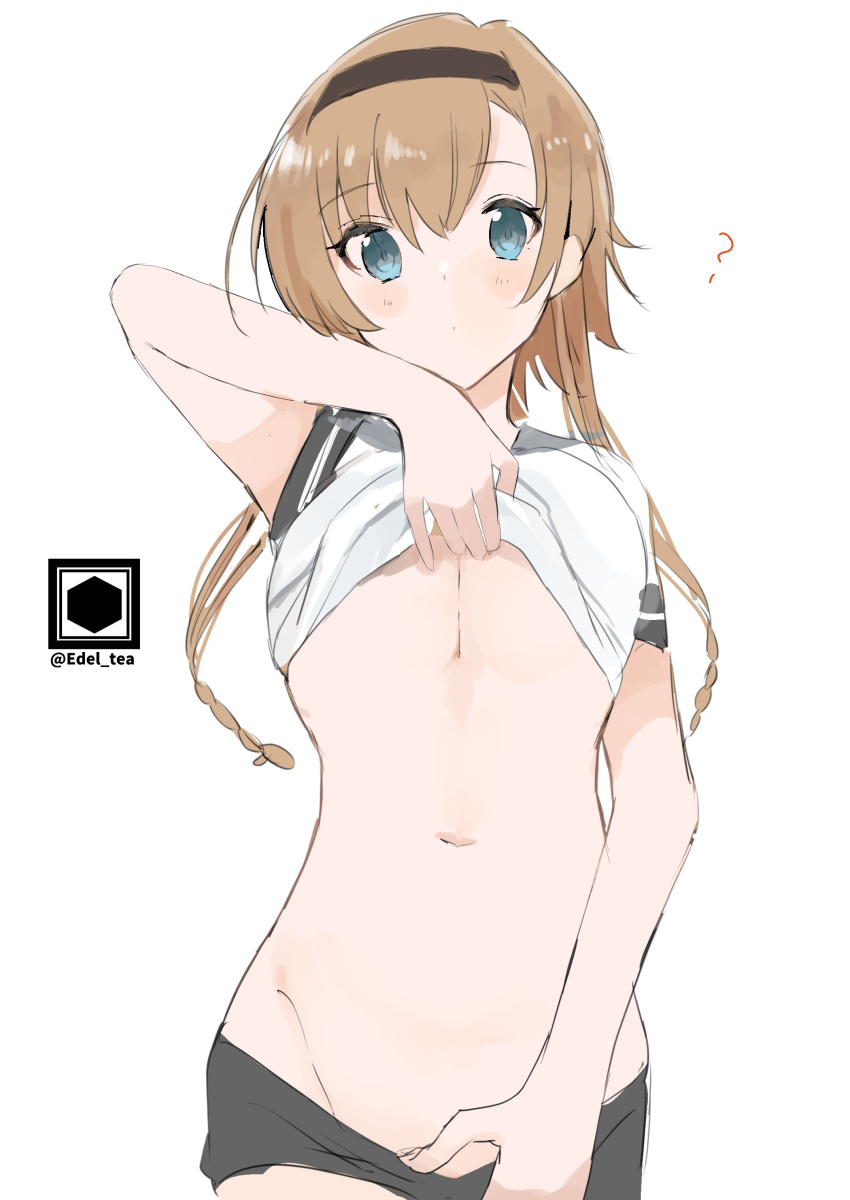 ? absurdres bad_id bad_twitter_id bike_shorts bike_shorts_pull blue_eyes braid breasts clothes_lift commentary female fujiyama_ichiha hachimaki headband highres kantai_collection lifting_own_clothes light_brown_hair navel shirt_lift simple_background solo sportswear teruzuki_(kancolle) twin_braids twitter_username underboob white_background