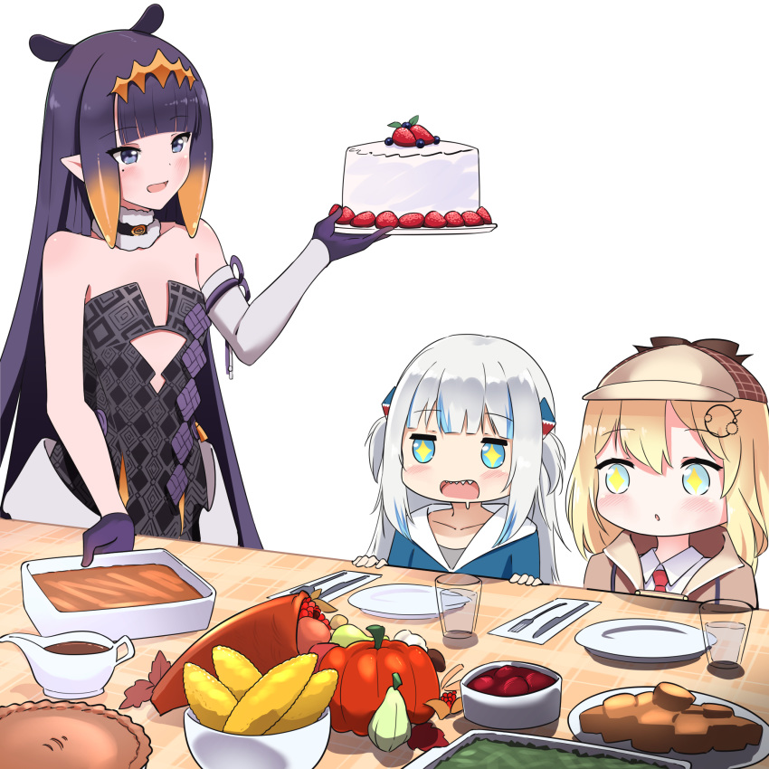 3girls bare_shoulders black_gloves blonde_hair blue_eyes blue_hair blunt_bangs cake collarbone cornucopia cup cutlery detached_sleeves detective drooling food fork fruit gawr_gura gawr_gura_(1st_costume) gloves gravy_boat grey_hair hair_ornament highres holding hololive hololive_english knife long_hair medium_hair mole mole_under_eye multicolored_hair multiple_girls nano_(nanojyaa) necktie ninomae_ina'nis ninomae_ina'nis_(1st_costume) open_mouth pie plate pointy_ears pumpkin purple_hair red_necktie sharp_teeth shirt simple_background sparkling_eyes strawberry strawberry_cake streaked_hair table teeth tentacle tentacle_hair thanksgiving two_side_up virtual_youtuber watson_amelia watson_amelia_(1st_costume) white_background white_shirt