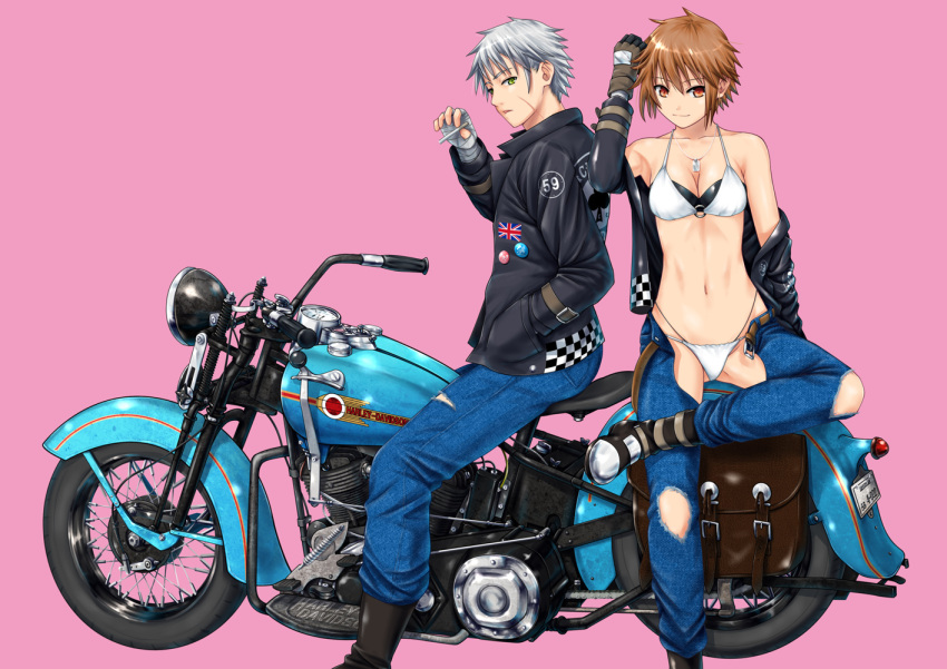 1boy ano_hito bandaged_hand bandages belt bikini black_jacket boots breasts brown_eyes brown_gloves brown_hair cigarette cleavage commentary_request crossed_legs denim female gloves grey_hair hand_in_pocket harley_davidson holding holding_cigarette jacket jeans jewelry medium_breasts motor_vehicle motorcycle navel necklace o-ring o-ring_bikini open_belt original pants pink_background short_hair sitting swimsuit torn_clothes torn_pants vehicle_focus white_bikini yellow_eyes