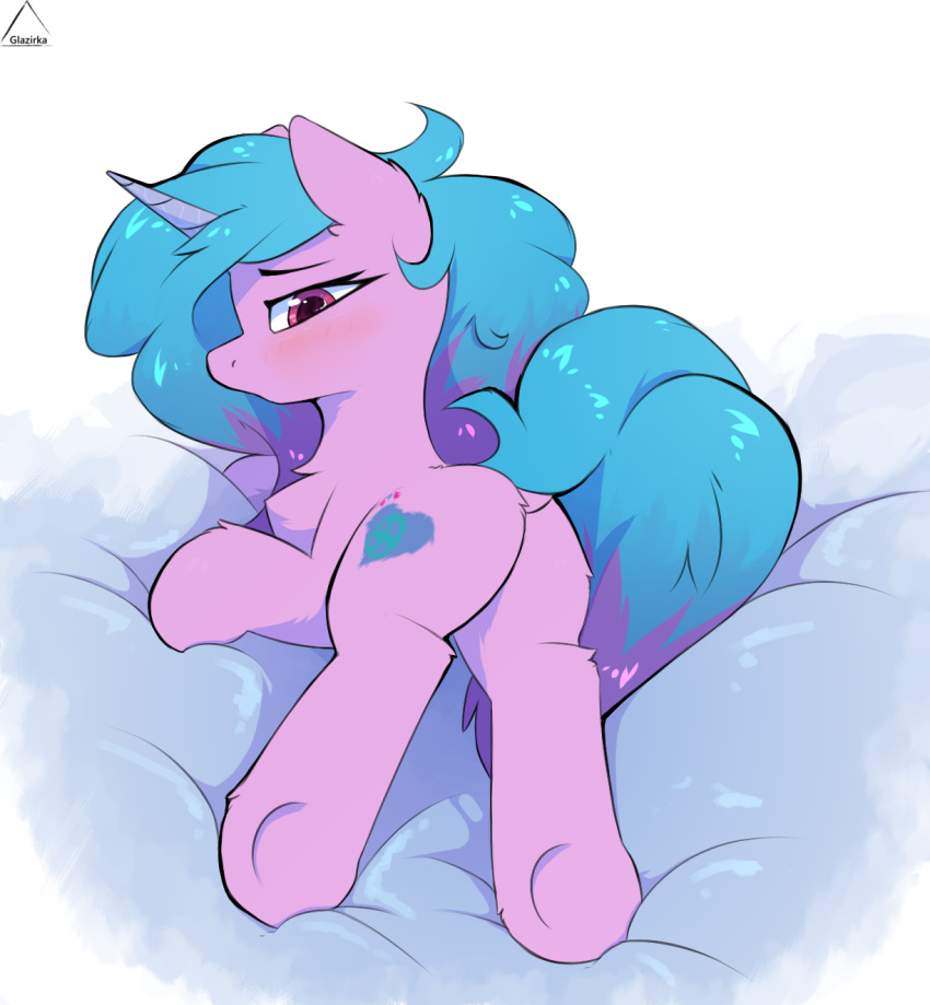 ass blue_hair blue_tail blush dock_(anatomy) equid equine eyebrows eyelashes female feral fur glazirka hair hasbro hi_res hooves horn izzy_moonbow_(mlp) mammal mlp_g5 my_little_pony mythological_creature mythological_equine mythology purple_body purple_fur solo tail tail_aside tuft unicorn