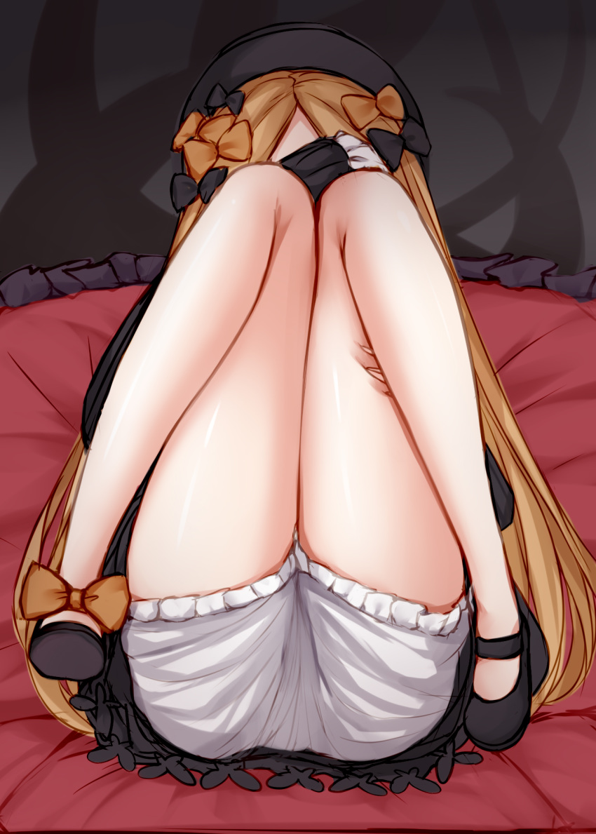 abigail_williams_(fate) ass bad_id bad_pixiv_id black_bow black_dress black_footwear black_hat blonde_hair bloomers bow covering_face dress fate/grand_order fate_(series) female forehead hairbow hat highres irokari knees_together_feet_apart knees_up legs long_hair lying multiple_bows on_back orange_bow parted_bangs ribbed_dress sleeves_past_fingers sleeves_past_wrists solo thighs underwear white_bloomers