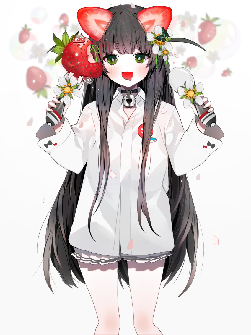 bell black_choker black_hair choker collared_shirt commentary drooling duplicate female flower food fork fruit green_eyes hair_flower hair_ornament highres holding holding_fork holding_spoon muaooooo oerba_yun_fang open_mouth original petals saliva shirt solo spoon strawberry strawberry_blossoms symbol-only_commentary water_drop white_background white_flower white_shirt