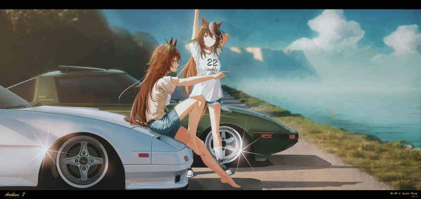 2girls animal_ears arm_up barefoot black_footwear blue_eyes blue_shorts bow brown_eyes brown_hair car character_request cloud day denim denim_shorts ear_bow green_car highres horse_ears horse_girl horse_tail long_hair mazda_rx-7 motor_vehicle multicolored_hair multiple_girls nissan nissan_300zx nissan_300zx_(z31) nissan_fairlady_z ocean one_eye_closed outdoors run_rotary shirt short_shorts shorts socks t-shirt tail two-tone_hair umamusume water white_car white_hair white_shirt white_socks