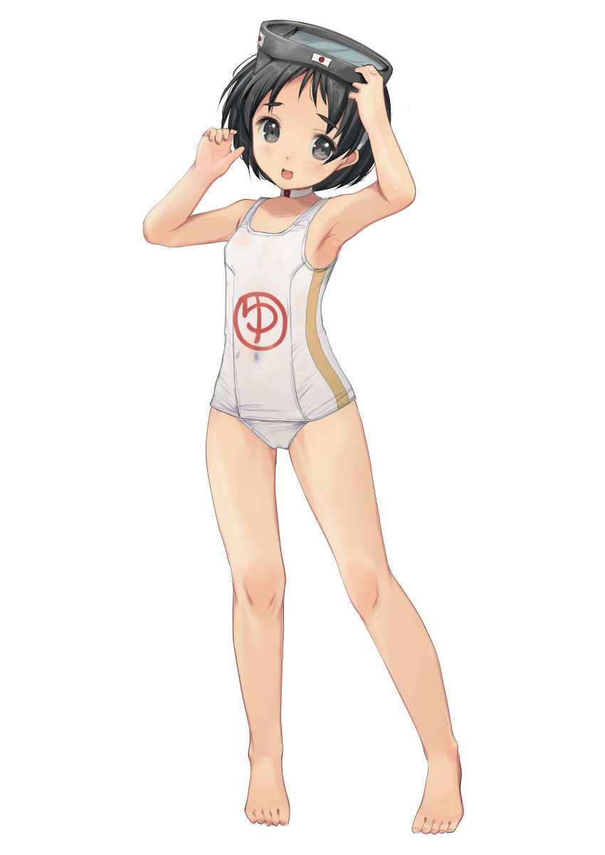 absurdres barefoot black_hair clothes_writing commentary_request diving_mask diving_mask_on_head female flat_chest flotation_belt full_body goggles goggles_on_head grey_eyes highres kantai_collection maru-yu_(kancolle) one-piece_swimsuit school_swimsuit short_hair simple_background sky solo standing swimsuit white_background white_one-piece_swimsuit yashin_(yasinz)