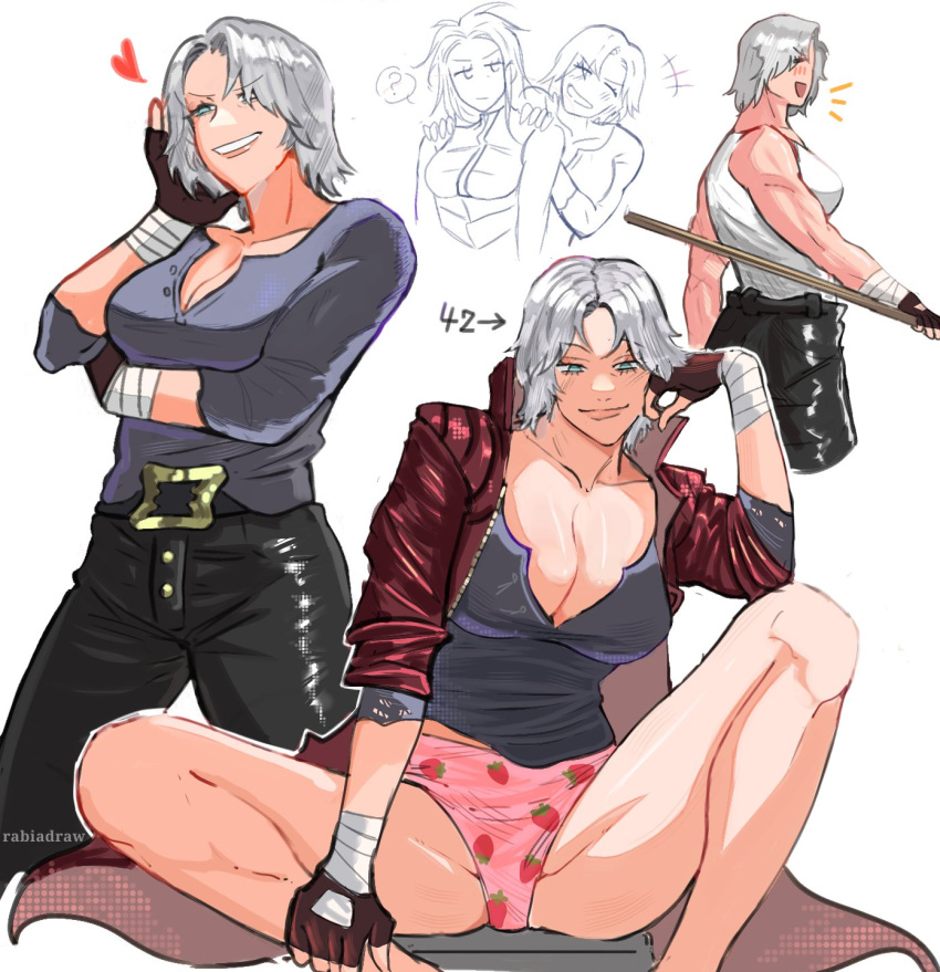 2girls black_gloves blue_eyes breasts coat dante_(devil_may_cry) devil_may_cry_(series) devil_may_cry_5 fingerless_gloves genderswap_(mtf) gloves highres holding looking_at_viewer multiple_girls panties red_coat rule_63 seal_lover420 short_hair siblings simple_background sisters smile underwear vergil_(devil_may_cry) weapon white_hair