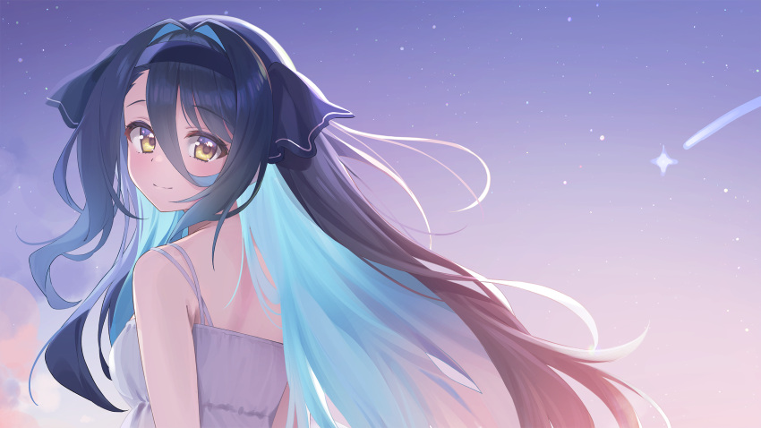 bare_arms bare_shoulders black_hair black_hairband blue_hair blue_ribbon blush breasts brown_eyes chobi_(penguin_paradise) closed_mouth cloud commentary_request cropped dress female floating_hair gangzi_(vtuber) hair_between_eyes hair_ribbon hairband highres long_hair looking_at_viewer looking_back multicolored_hair outdoors ribbon shooting_star sky sleeveless sleeveless_dress small_breasts smile solo stellive two-tone_hair upper_body very_long_hair video_thumbnail virtual_youtuber white_dress